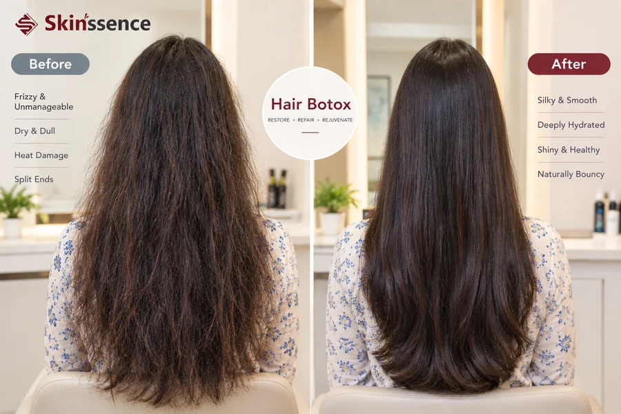 Before and after visible results of hair botox treatment for frizzy wavy Indian hair