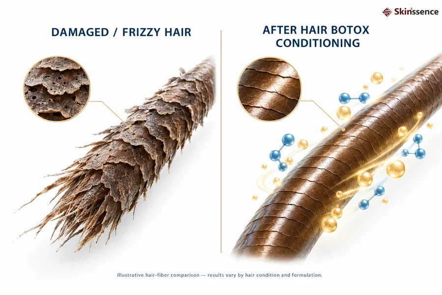 Microscopic hair cuticle restoration comparison before and after hair botox peptide infusion