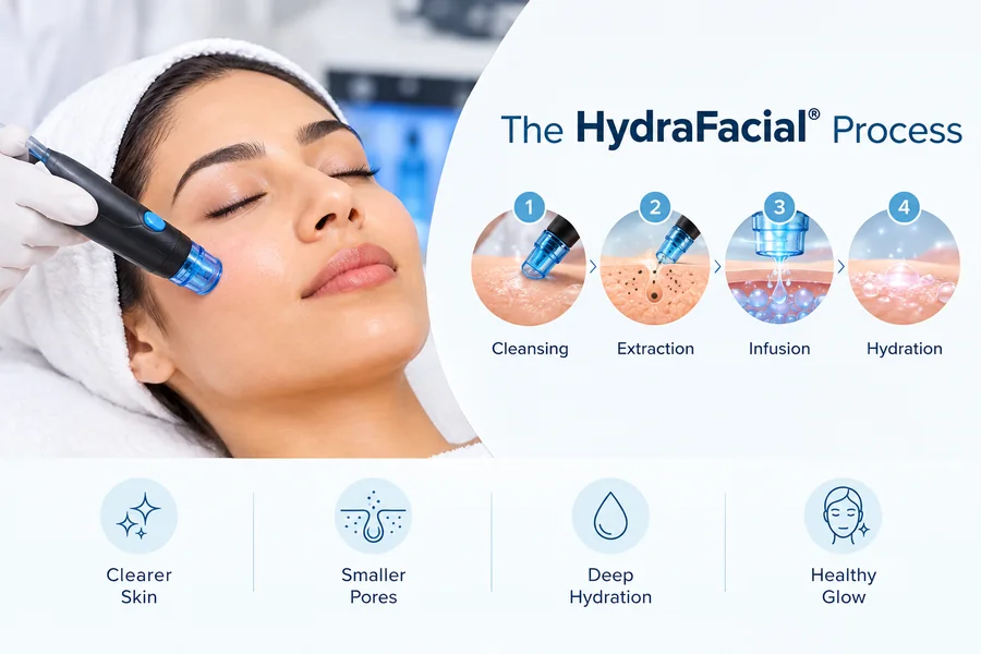Step-by-step HydraFacial clinical workflow including cleansing, extraction, serum infusion, and hydration