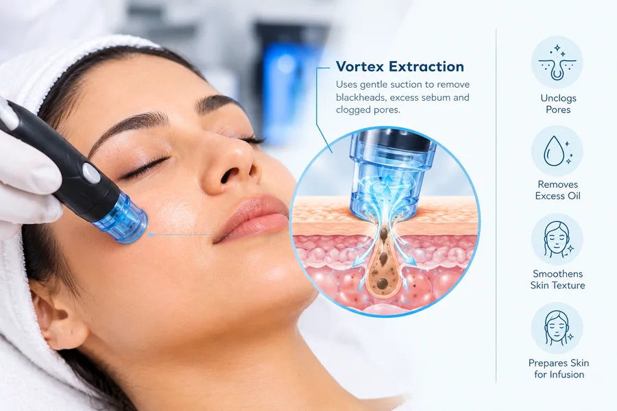 Vortex extraction mechanism diagram showing gentle pore suction removing blackheads and sebum