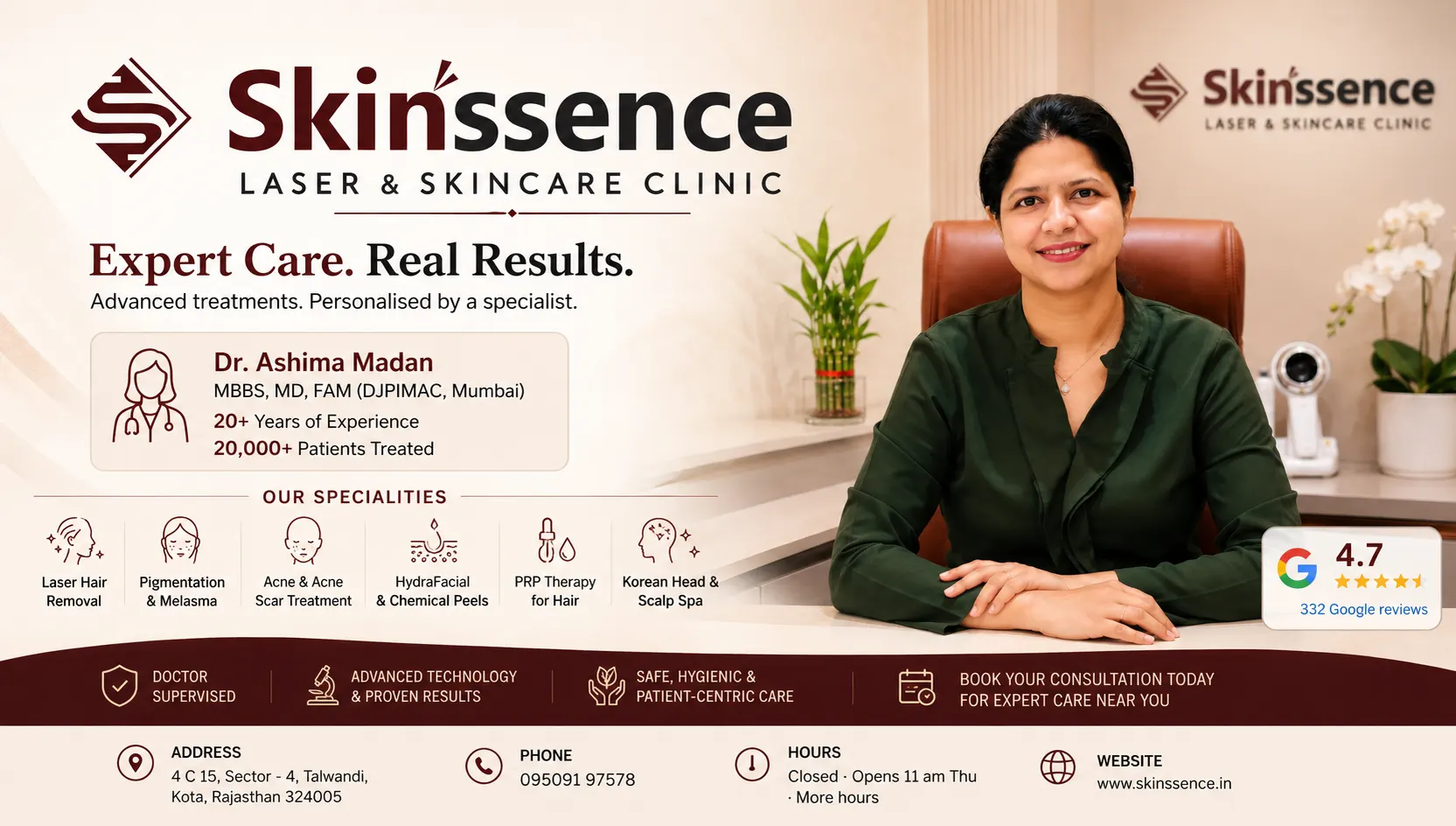 Consultant in Medical Aesthetics & Laser Treatments in Talwandi, Kota


 at Skinssence Laser and Skincare Clinic, Talwandi, Kota